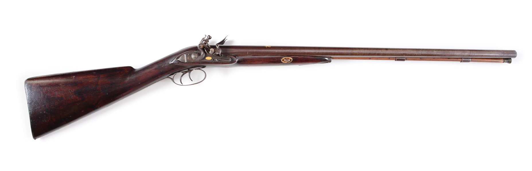 (A) RARE AMERICAN DOUBLE BARREL FLINTLOCK SHOTGUN BY HASLETT OF BALTIMORE RE-CONVERTED FROM PERCUSSION
