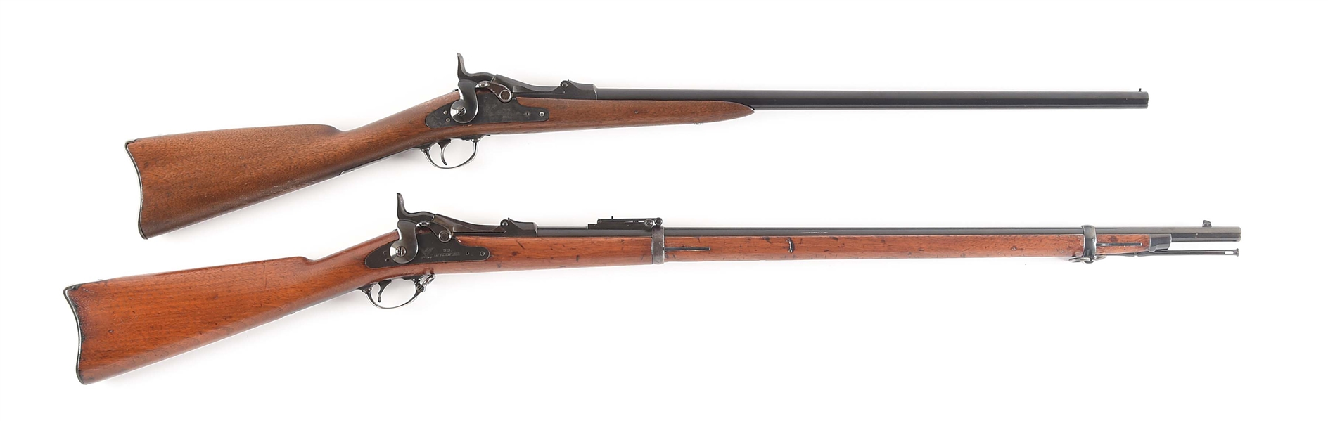 (A) LOT OF 2: SPRINGFIELD FORAGER 1873 TRAPDOOR SHOTGUN AND 1884 TRAPDOOR RIFLE.