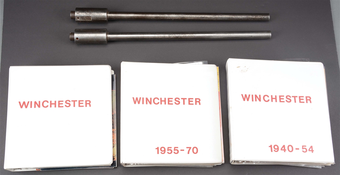 LOT OF WINCHESTER CARTRIDGE PRESSUE TEST BARRELS, STAND & LARGE GROUP OF PAMPHLETS & CATALOGS.
