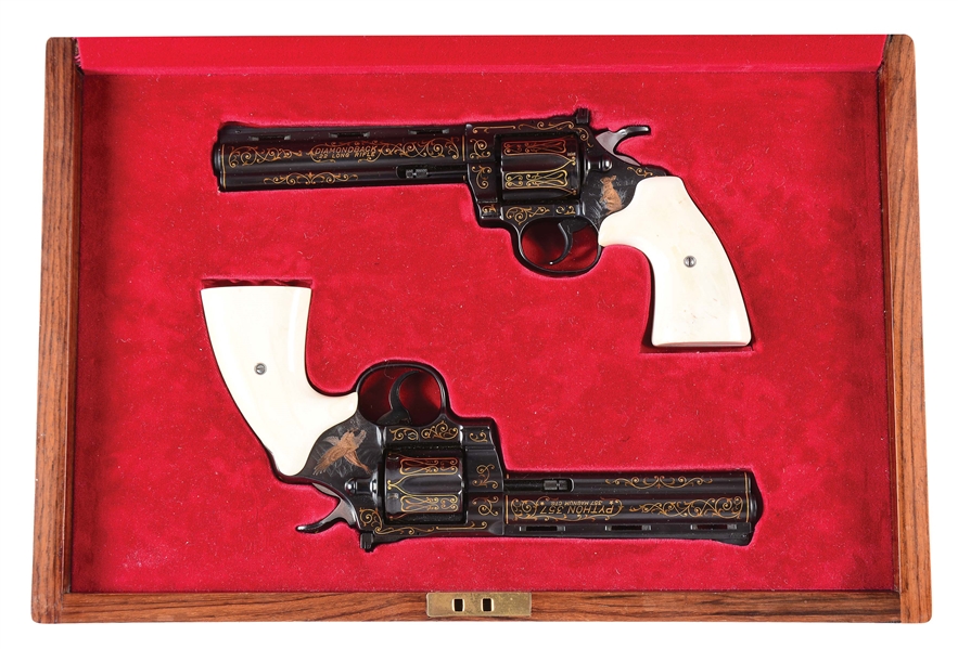 (M) CASED, ENGRAVED & INLAID PAIR OF COLT PYTHON & DIAMONDBACK DOUBLE ACTION REVOLVERS.