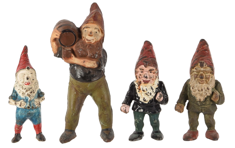 LOT OF 4: CAST IRON ASSORTED GNOME, DWARF DOORSTOPS.