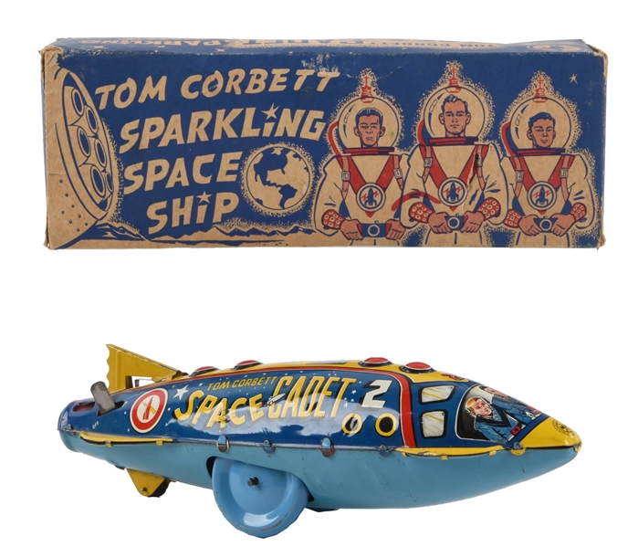 MARX TIN LITHO WIND-UP TOM CORBETT SPACE CADET SPACE CADET ROCKET FIGHTER TOY WITH BOX. 