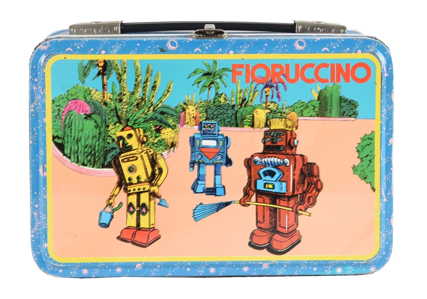 SCARCE & UNUSUAL TIN LITHO ROBOT THEMED LUNCH BOX MARKED "FIORUCCINO". 