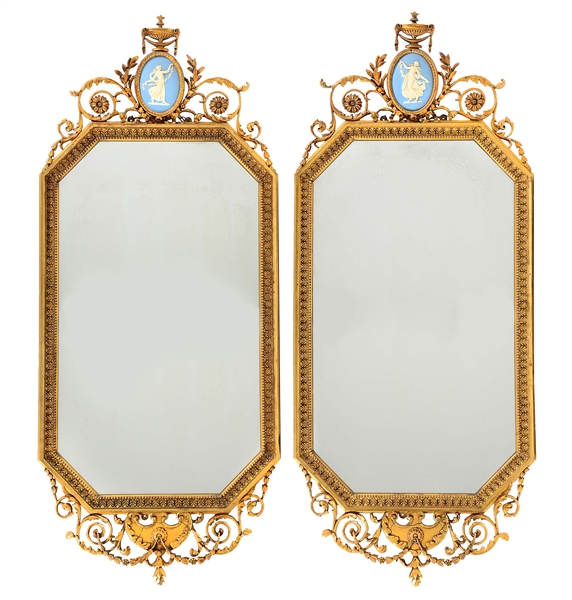 PAIR OF REGENCY STYLE GILT MIRRORS WITH WEDGWOOD JASPER PLAQUES.