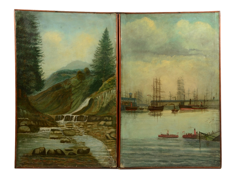 TWO PANEL SCREEN WITH PAINTED LANDSCAPES