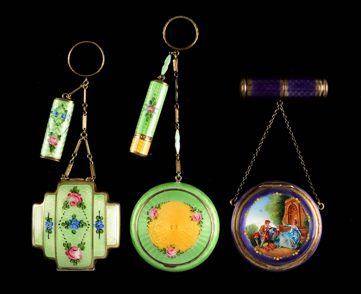 LOT OF 3: FINE ENAMELED, CELLULOID AND GILT METAL COMPACTS.