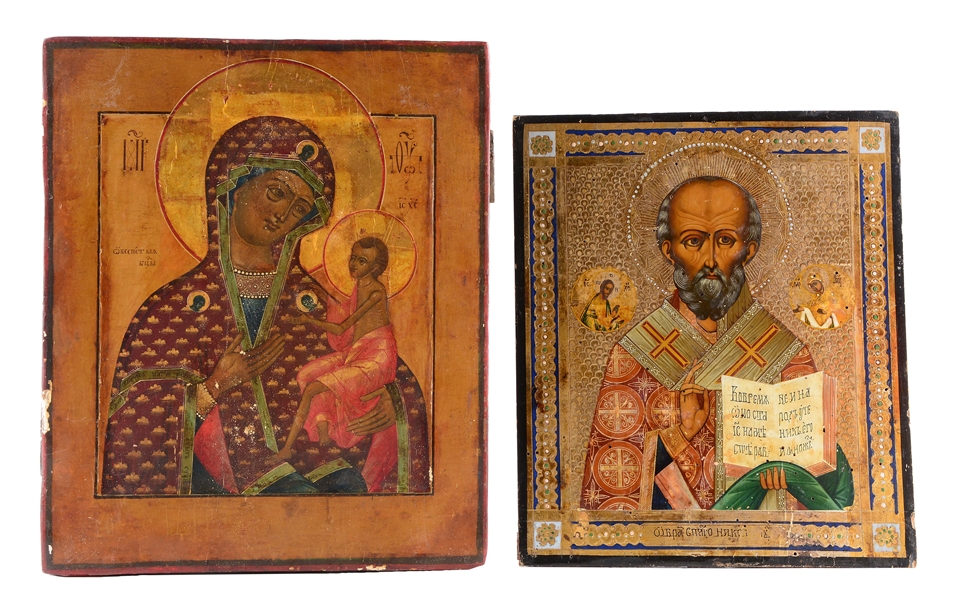 LOT OF 2: PAIR OF RUSSIAN PAINTED & HIGHLIGHTED ICONS.
