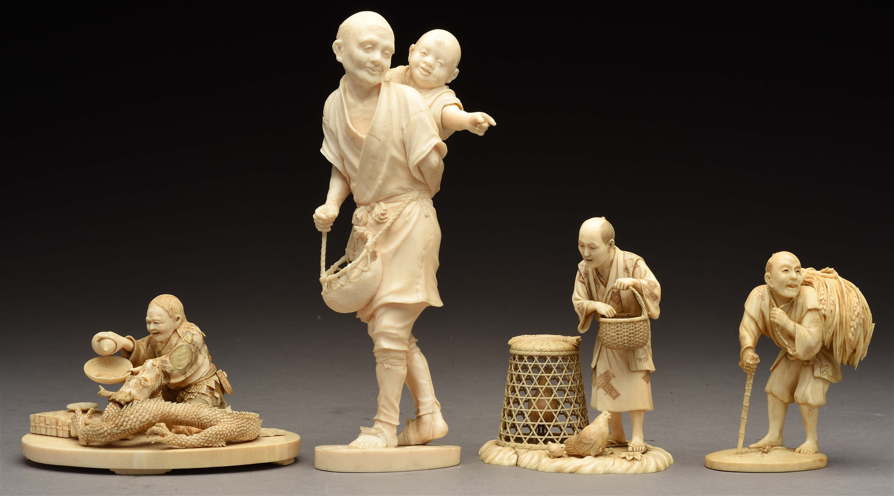 LOT OF 4: JAPANESE CARVED IVORY FIGURAL GROUPS.