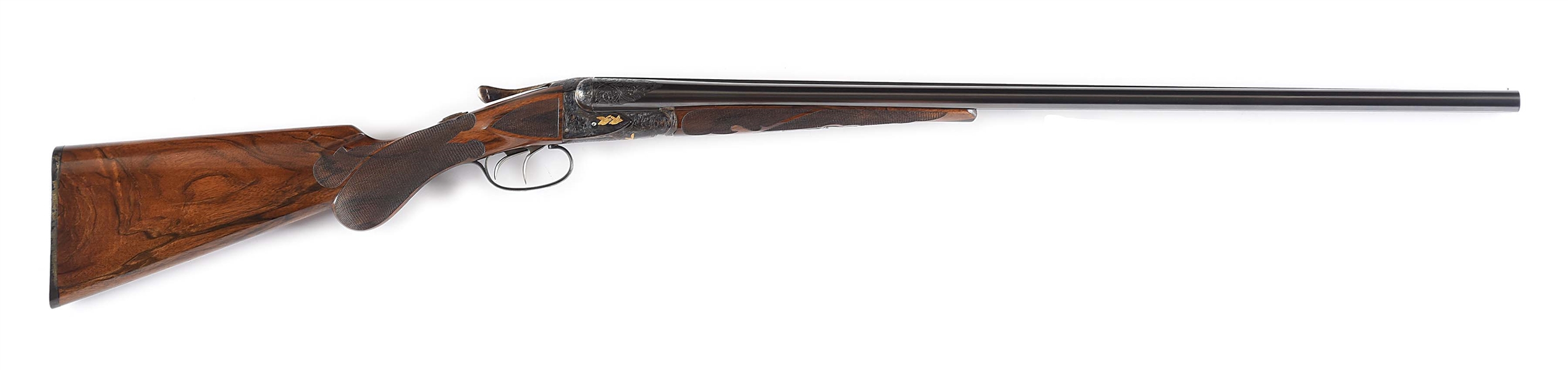(C) 20 GAUGE A. H. FOX AE SHOTGUN UPGRADED TO DE SPECIAL WITH GOLD INLAY AND CASE.