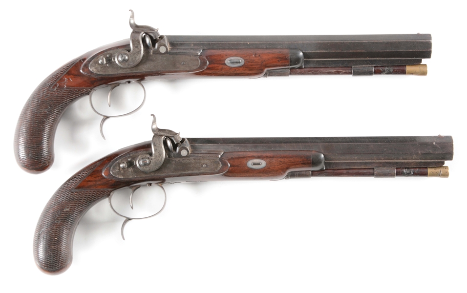 (A) FINE CASED PAIR OF ENGLISH PERCUSSION DUELING PISTOLS BY WESTLEY RICHARDS.