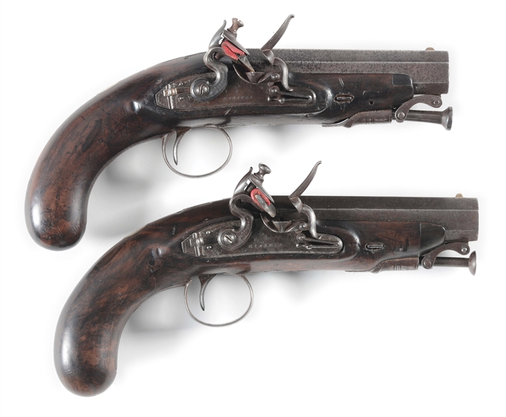 (A) CASED PAIR OF ENGLISH FLINTLOCK OFFICERS PISTOLS WITH LARGE BORES BY BISSELL.