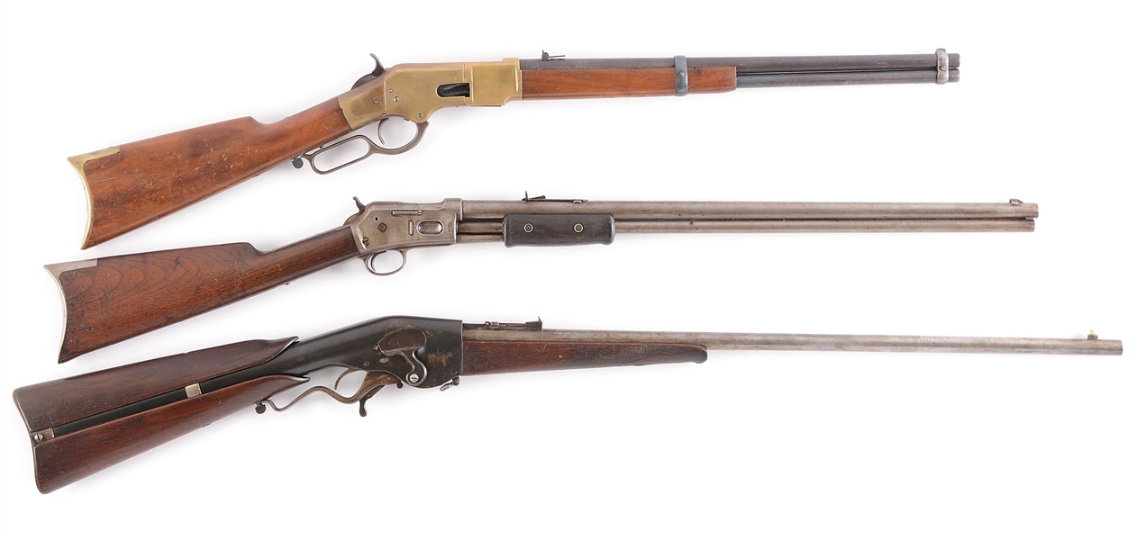 (A+M) LOT OF 3: COLT LIGHTNING, EVANS REPEATING CARBINE AND REPRODUCTION WINCHESTER MODEL 1866 RIFLES.