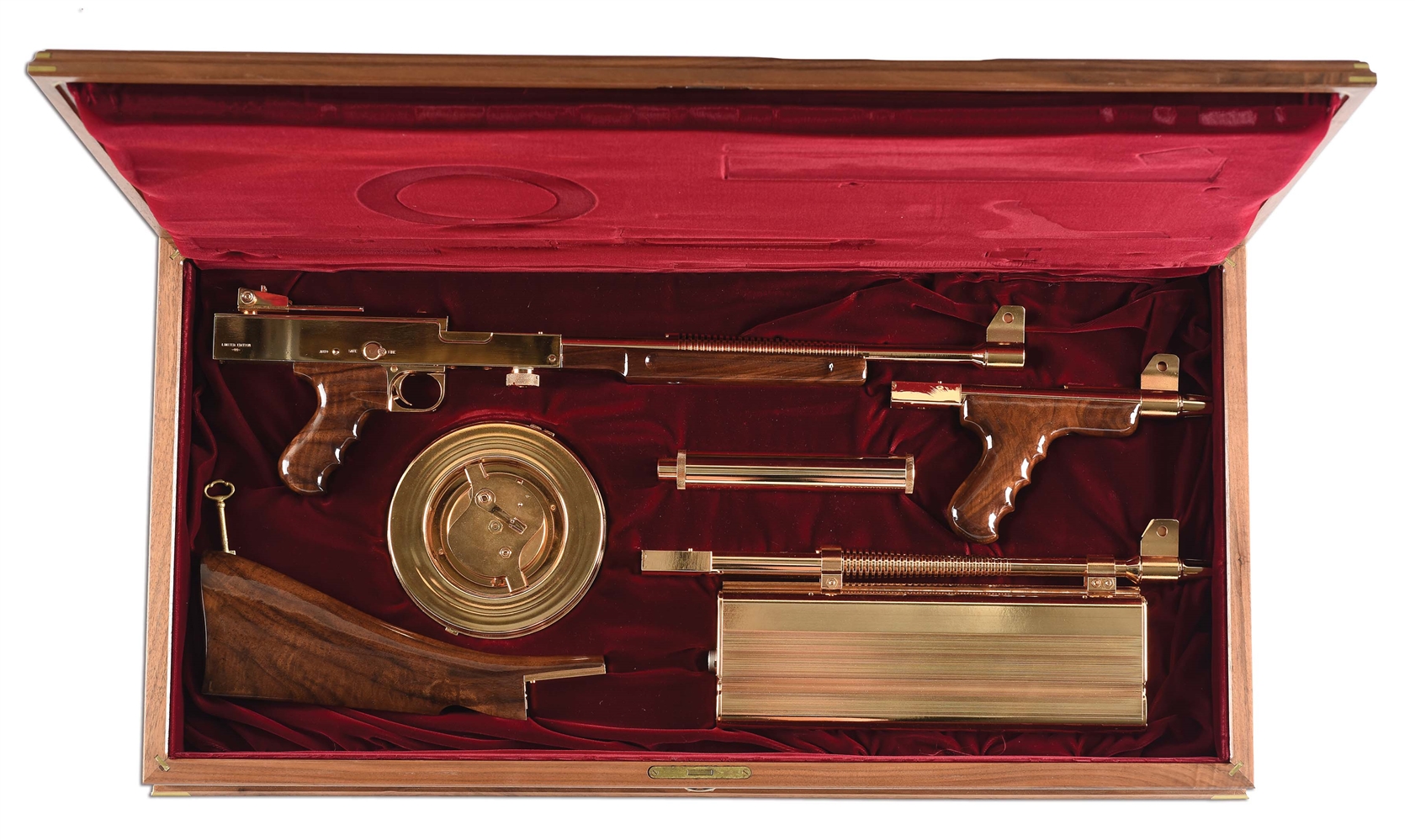 (N) ABSOLUTELY MAGNIFICENT UNFIRED GOLD M-2 LIMITED EDITION AMERICAN ARMS – AMERICAN 180 MACHINE GUN WITH LASER-LOK SIGHT, SILENCER, AND ORIGINAL FACTORY WOODEN DISPLAY CASE (FULLY TRANSFERABLE) 