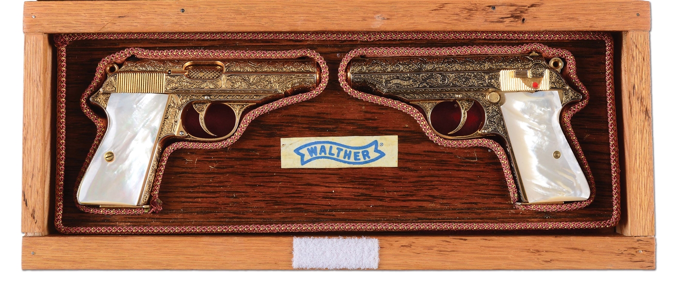 (C) INCREDIBLE PAIR OF ENGRAVED & PEARL HANDLED WALTHER PP SEMI-AUTOMATIC PISTOLS.