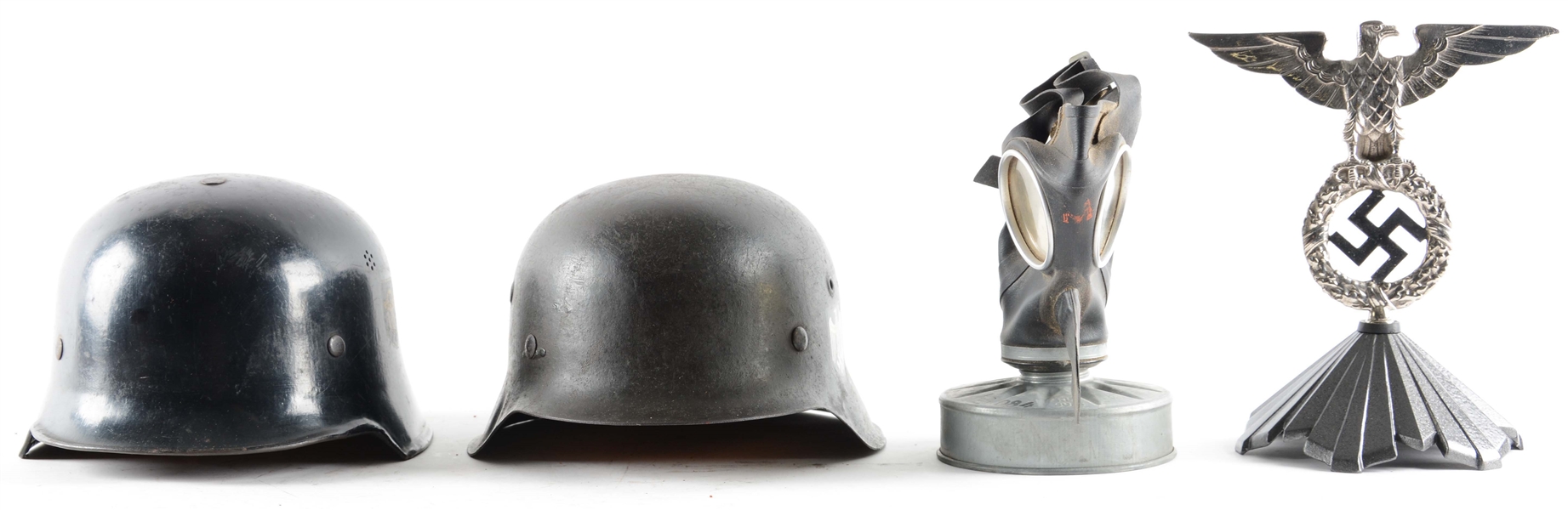 LOT OF 4: THIRD REICH M34 POLICE HELMET, M42 ARMY HELMET, "NSDAP" POLE TOP, AND GAS MASK.