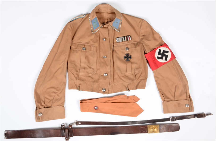 LOT OF 3: GERMAN THIRD REICH SA "HOCHLAND/BAYERNWALD" BROWN SHIRT, RZM TIE AND BELT WITH CROSS STRAP.