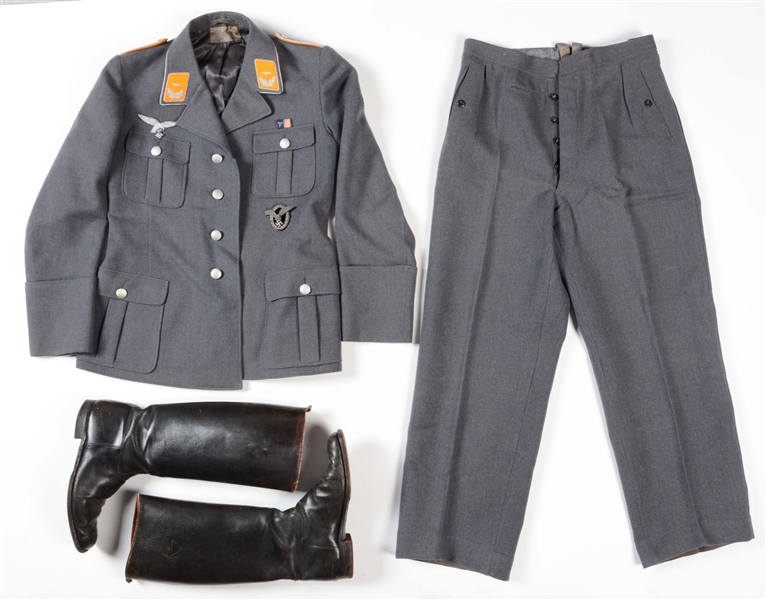 LOT OF 4: GERMAN WWII LUFTWAFFE OFFICER TUNIC, TROUSERS, PILOT BADGE, & PAIR OF BOOTS
