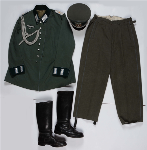 LOT OF 4: GERMAN WWII HEER OFFICERS DRESS TUNIC, VISOR CAP, TROUSERS, & PAIR OF BOOTS