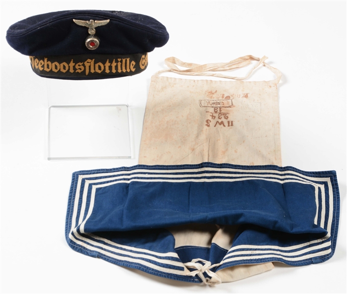 LOT OF 2: GERMAN WWII KRIEGSMARINE NAMED UBOAT CAP & MATCHING COLLAR.