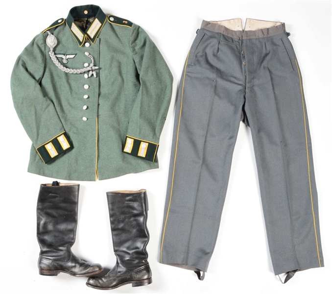 LOT OF 3: GERMAN WWII HEER SIGNAL ENLISTED DRESS TUNIC, TROUSERS, & PAIR OF BOOTS