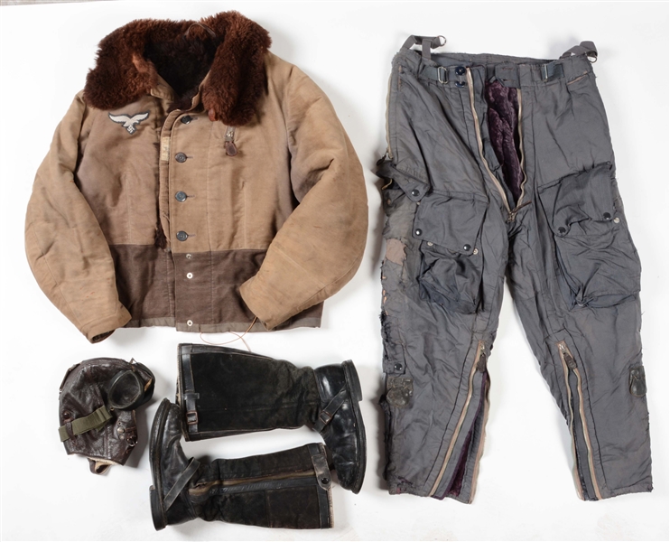 LOT OF 5: GERMAN WWII LUFTWAFFE WINTER FLIGHT JACKET, TROUSERS, HELMET, GOGGLES, & PAIR OF BOOTS