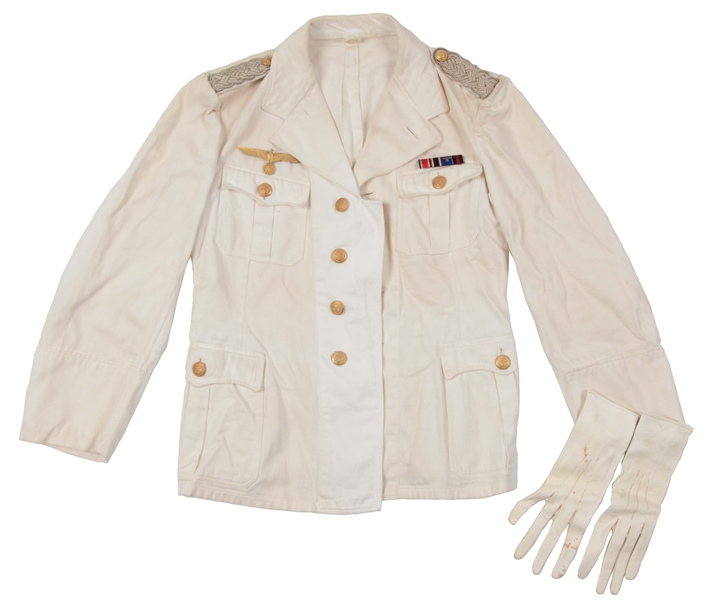 LOT OF 2: GERMAN WWII KRIEGSMARINE OFFICER WHITE TUNIC & PAIR OF GLOVES.