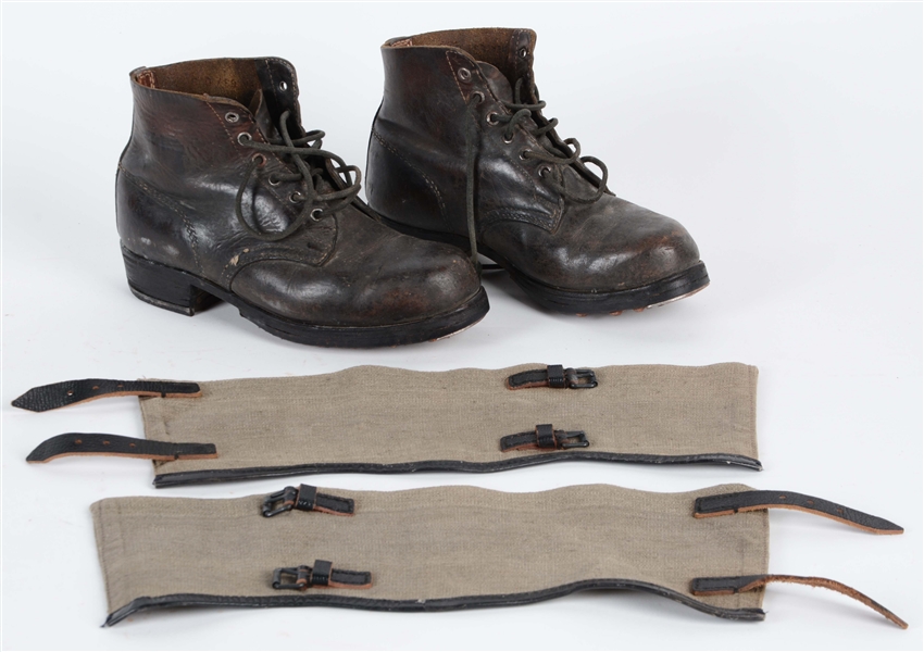 LOT OF 2: GERMAN WWII COMBAT LOW BOOTS WITH ANKLE GAITERS.