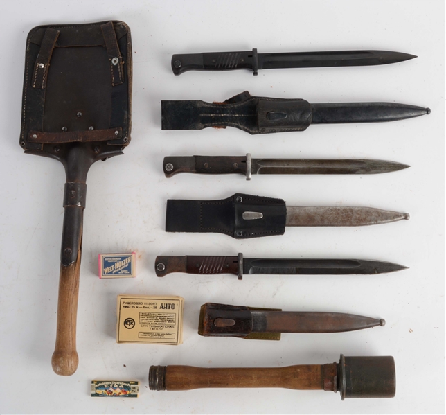 LOT OF 6: GERMAN WWII BAYONETS, SHOVEL, STICK GRENADE, & PERSONAL EFFECTS.