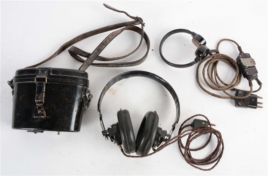 LOT OF 2: GERMAN WWII PANZER HEADSET WITH THROAT MICS AND CASED PAIR OF BINOCULARS.