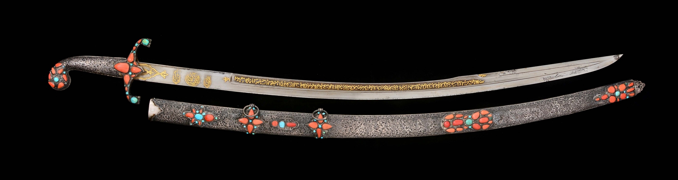 FINE OTTOMAN SILVER MOUNTED CORAL AND TURQUOISE ENCRUSTED KILIJ.