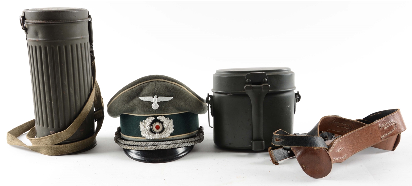 LOT OF 4: GERMAN WWII HEER OFFICER VISOR, MESS KIT, Y-STRAPS, AND GAS MASK WITH CAN.