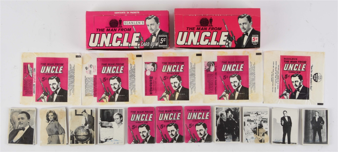 INCREDIBLE LOT OF TOPPS & SCANLEN "MAN FROM U.N.C.L.E." CARD BOXES, PACKS, WRAPPERS & CARD SET. 