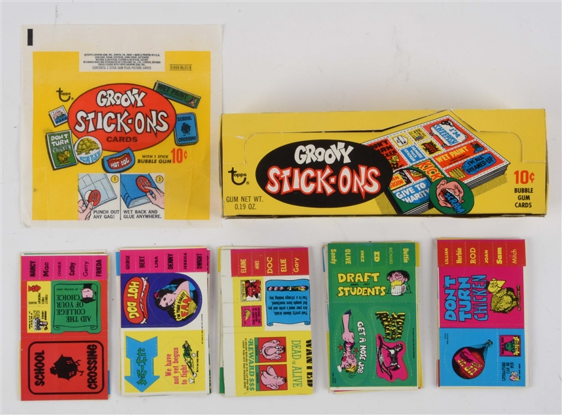 1969 TOPPS GROOVY STICK-ONS WAX BOX, WRAPPER & CARDS. 