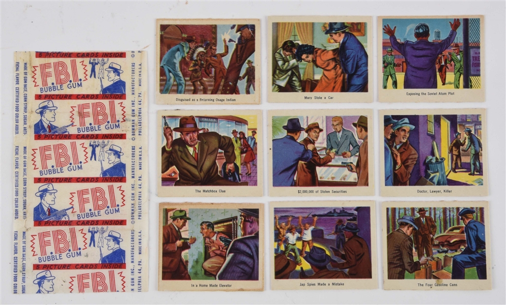 EXTREMELY RARE 1949 BOWMAN 5 CENT F.B.I. CARD WRAPPER & 9 CARDS.