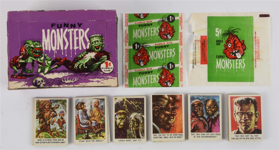 TOPPS 1959 FUNNY MONSTERS YOULL DIE LAUGHING WAX BOX, WRAPPERS & CARD SET. 
