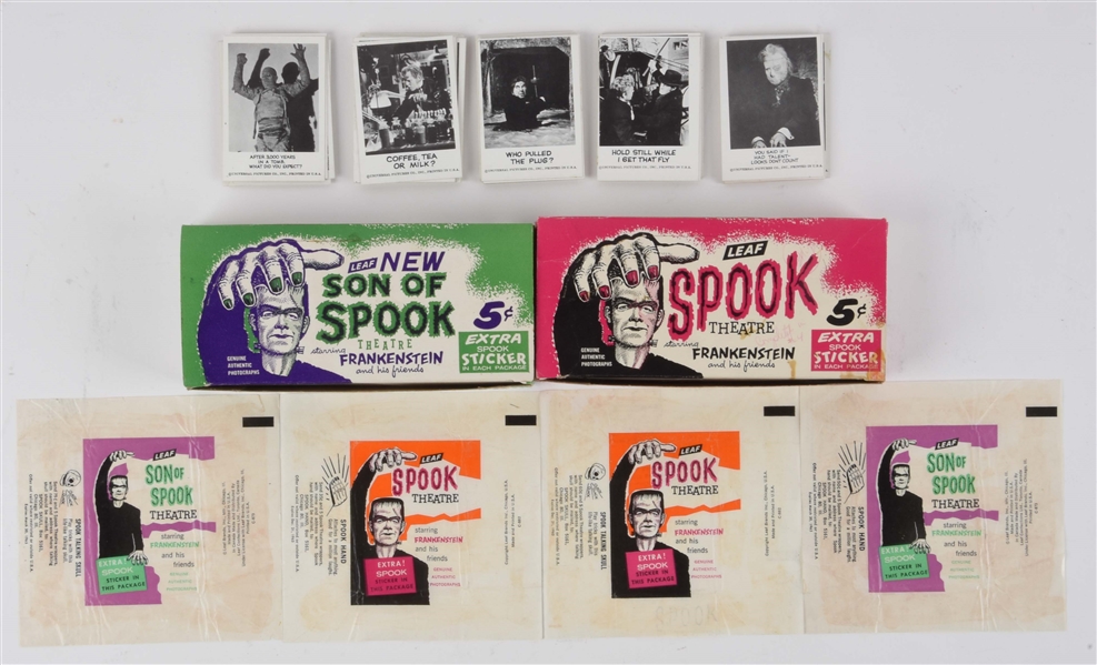 LOT OF 1961 LEAF SPOOK AND SON OF SPOOK WAX BOXES, WRAPPER, STICKERS & CARDS.