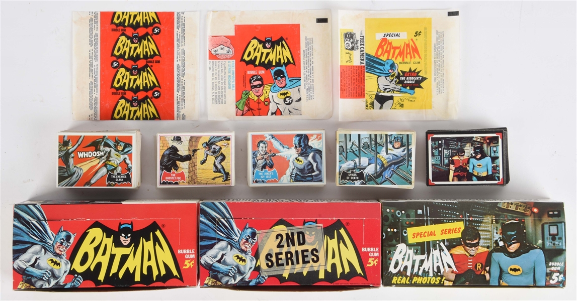 EXTRAORDINARY LOT OF TOPPS 1966 BATMAN WAX BOXES, WRAPPERS & CARD SETS. 