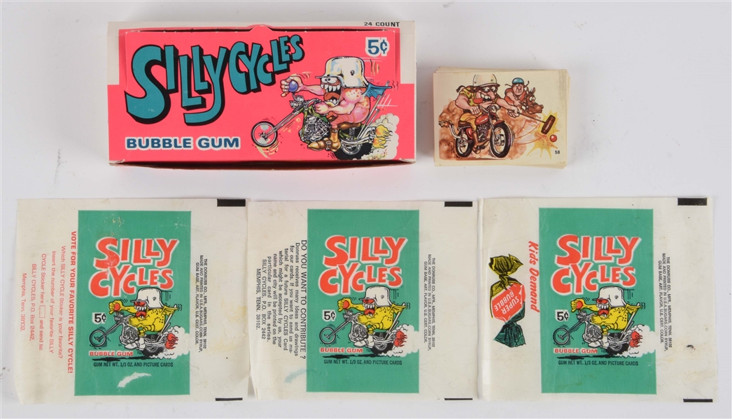 LOT OF 1972 DONRUSS SILLY CYCLES BOX, WRAPPERS & STICKERS. 