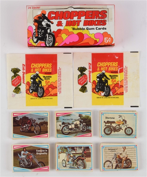 LOT OF 1972 DONRUSS CHOPPERS & HOT BIKES WAX BOX, CARDS & WRAPPER. 