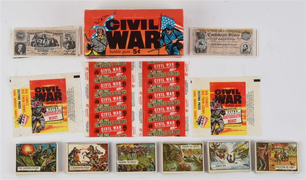 1962 TOPPS CIVIL WAR WAX BOX, WRAPPERS, CONFEDERATE BILLS & PICTURE CARDS. 