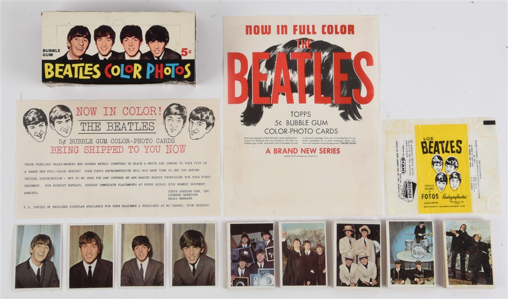 LOT OF 1964 TOPPS BEATLES COLOR PHOTO BOX, CARD SET, RARE WRAPPER & MAILERS. 
