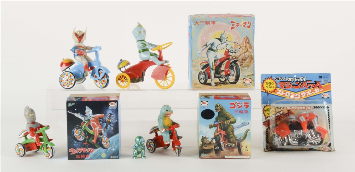 LOT OF 5: JAPANESE CHARACTER TRICYCLE & MOTORCYCLE TOYS IN BOXES. 