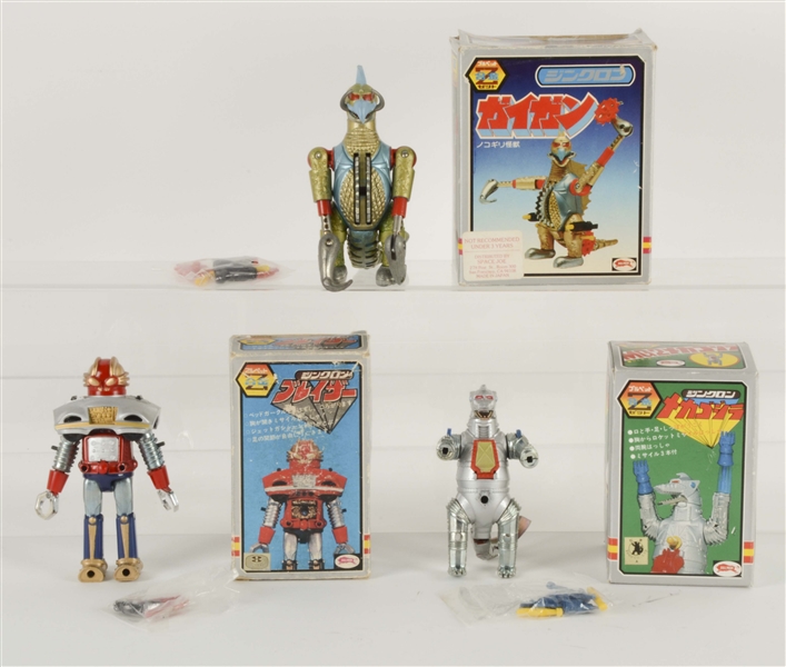 LOT OF 3: VINTAGE JAPANESE DIE-CAST CHARACTER FIGURES & MONSTERS IN BOXES. 
