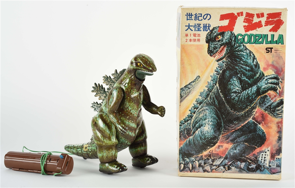 JAPANESE TIN LITHO & PLASTIC BATTERY OPERATED REMOTE CONTROL BULLMARK GODZILLA.