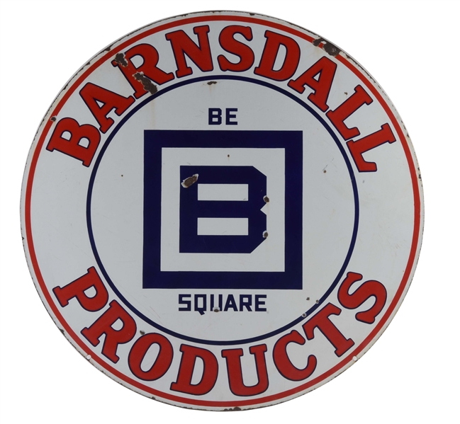 BARNDALL GASOLINE BE SQUARE PRODUCTS PORCELAIN SIGN.