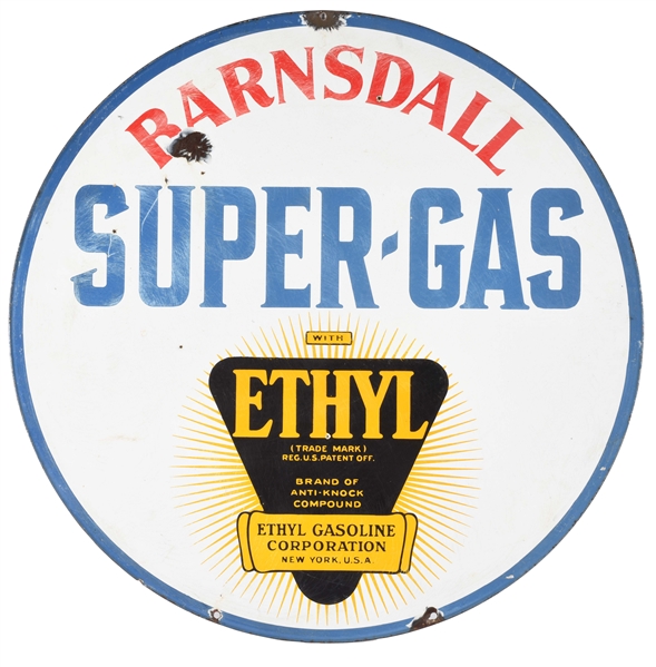 BARNSDALL SUPER GAS PORCELAIN SIGN WITH ETHYL BURST GRAPHIC.