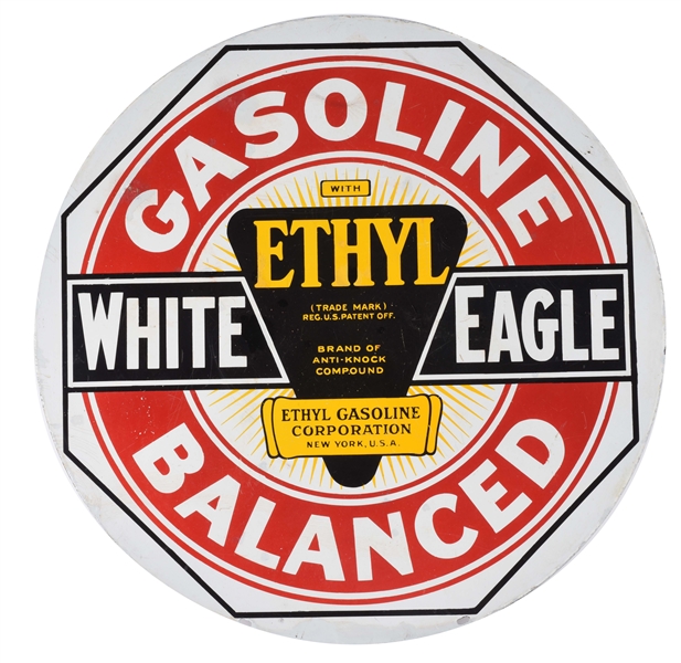 WHITE EAGLE GASOLINE BALANCED PORCELAIN SIGN WITH ETHYL BURST GRAPHIC.