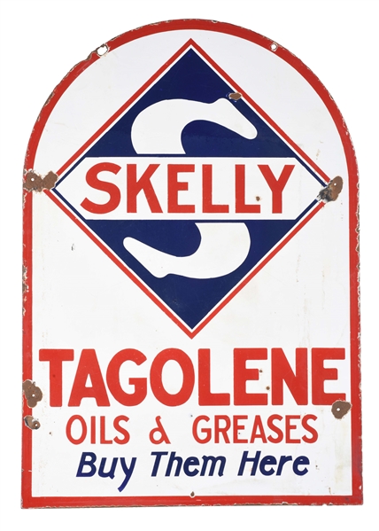 SKELLY GASOLINE & TAGOLENE OILS & GREASES PORCELAIN TOMBSTONE SIGN.