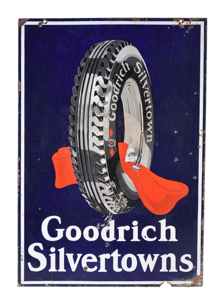 GOODRICH SILVERTOWNS TIRES PORCELAIN SIGN WITH TIRE & TUBE GRAPHIC.