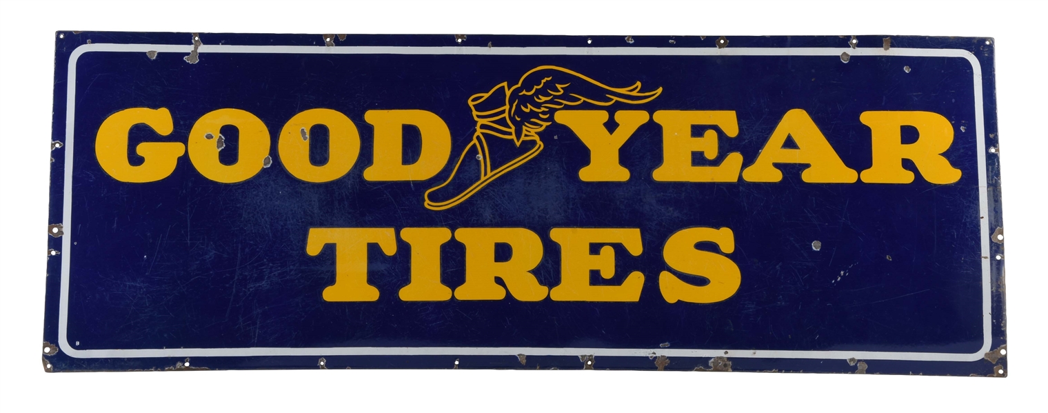 GOODYEAR TIRES PORCELAIN SIGN WITH WINGED FOOT GRAPHIC.